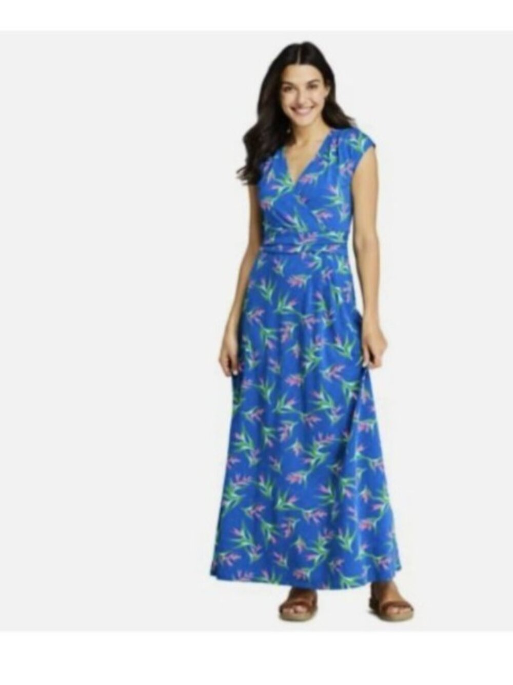 Lands End Womens Blue Floral Maxi Dress knit V-Neck Short cap Sleeves size XL